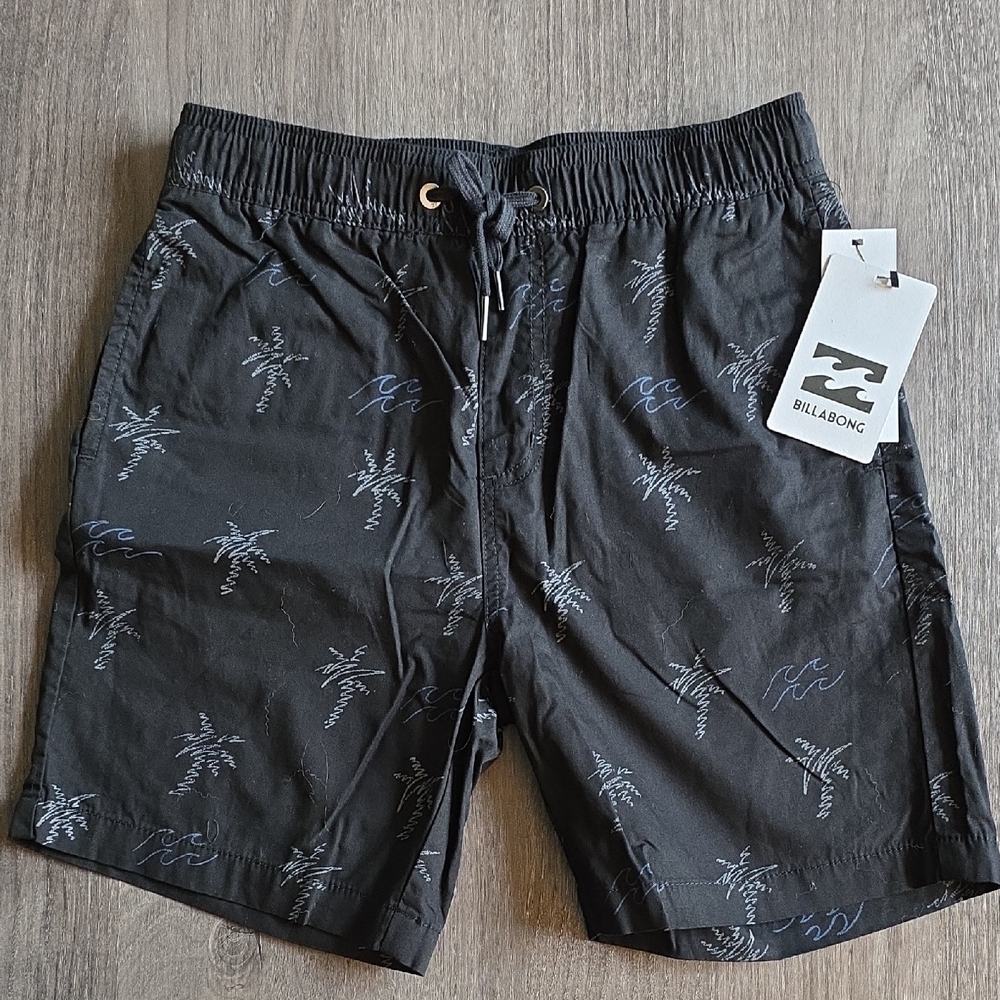 Billabong Black Swim Trunks with Palm Tree Design & Elastic Waistband